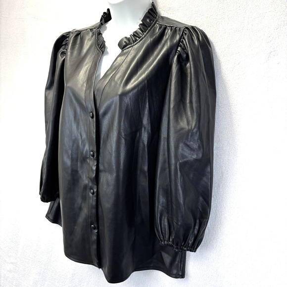 Marc New York Faux Leather Jacket Womens Medium Black V Neck Puff Sleeve Supple - Picture 4 of 15